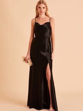 Birdy Grey Black Satin Cowl Neck Maxi Dress with Thigh Slit